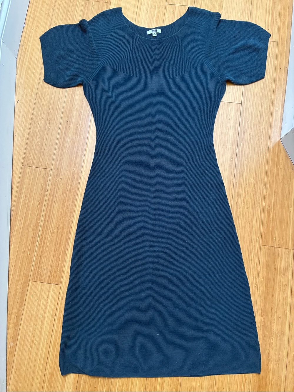Uniqlo Dusty Teal Slim Knit Puff-Sleeve Midi Dress